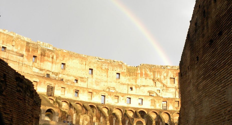 A rainbow over the Colosseum in Rome, Italy.