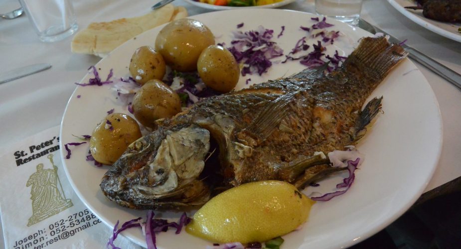 A cooked whole fish on a plate with potatoes and lemon garnish.